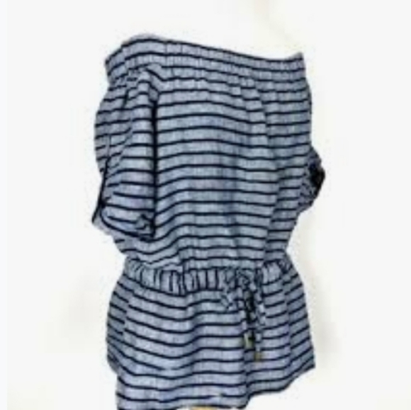 Ellen Tracy | Navy Peplum Off Shoulder Stripe Linen Blend Top - Picture 10 of 10